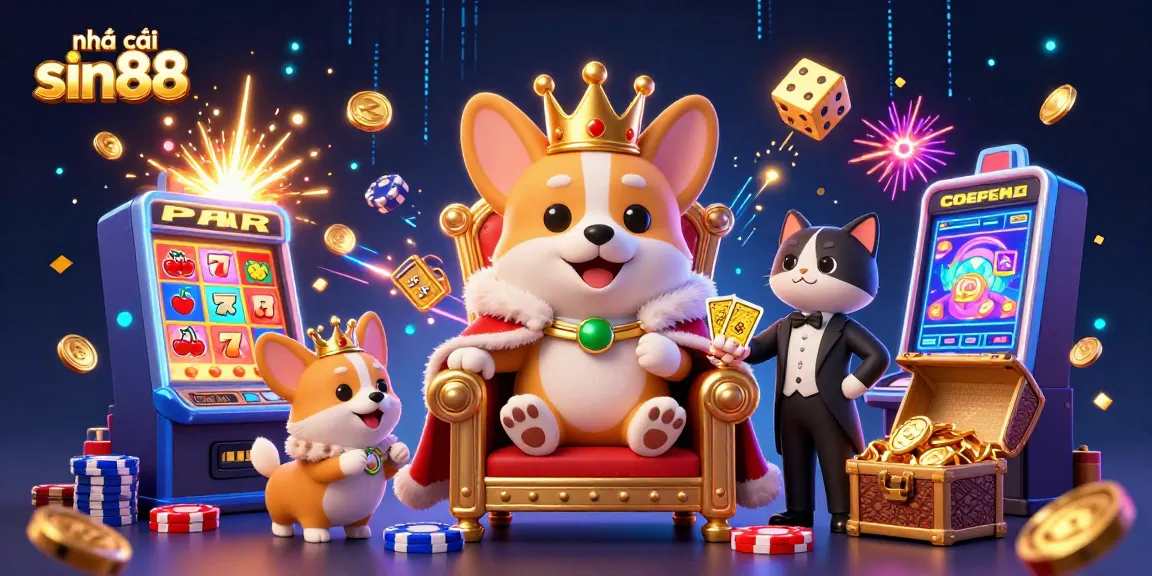 Experience the vibrant charm of nhà cái sin88 with a royal corgi at a thrilling casino scene.