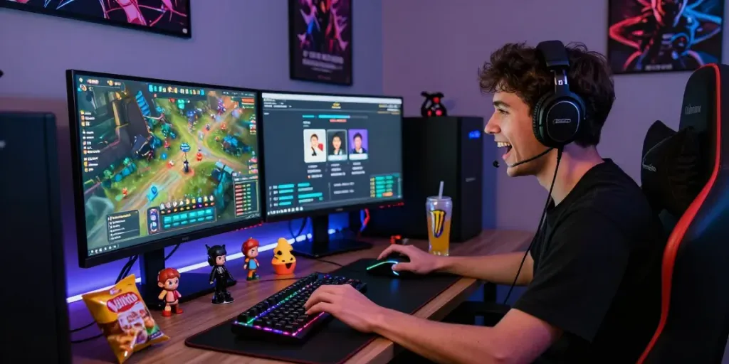 Dynamic gaming setup showing rokok88 login with enthusiastic player engaged in online session.