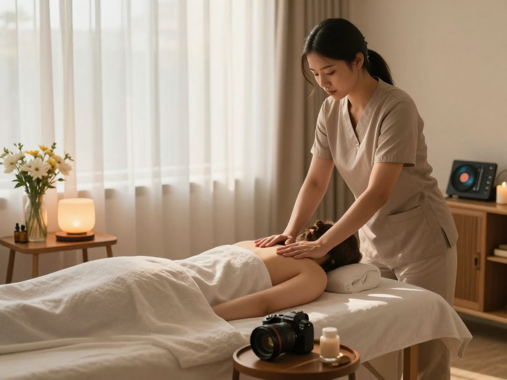 Experience a premium 수원출장마사지 in a relaxing home environment with professional setup and soothing elements.