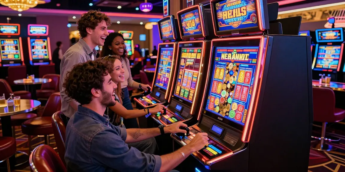Exciting gambling scene with friends enjoying rokok88 slot machine in vibrant casino atmosphere.