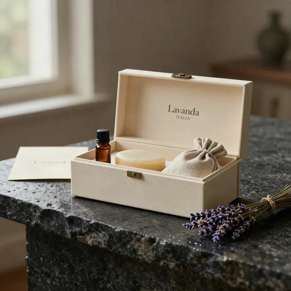 Cofanetto avorio con olio, sapone, sacchetto e lavanda su pietra scura all’alba