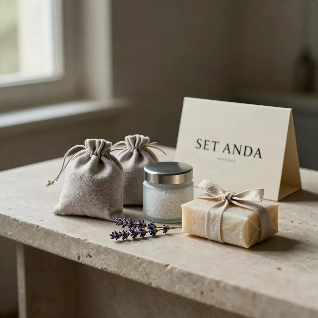 Set Casa Lavanda in tre pezzi su console di pietra chiara, con lino e steli secchi.