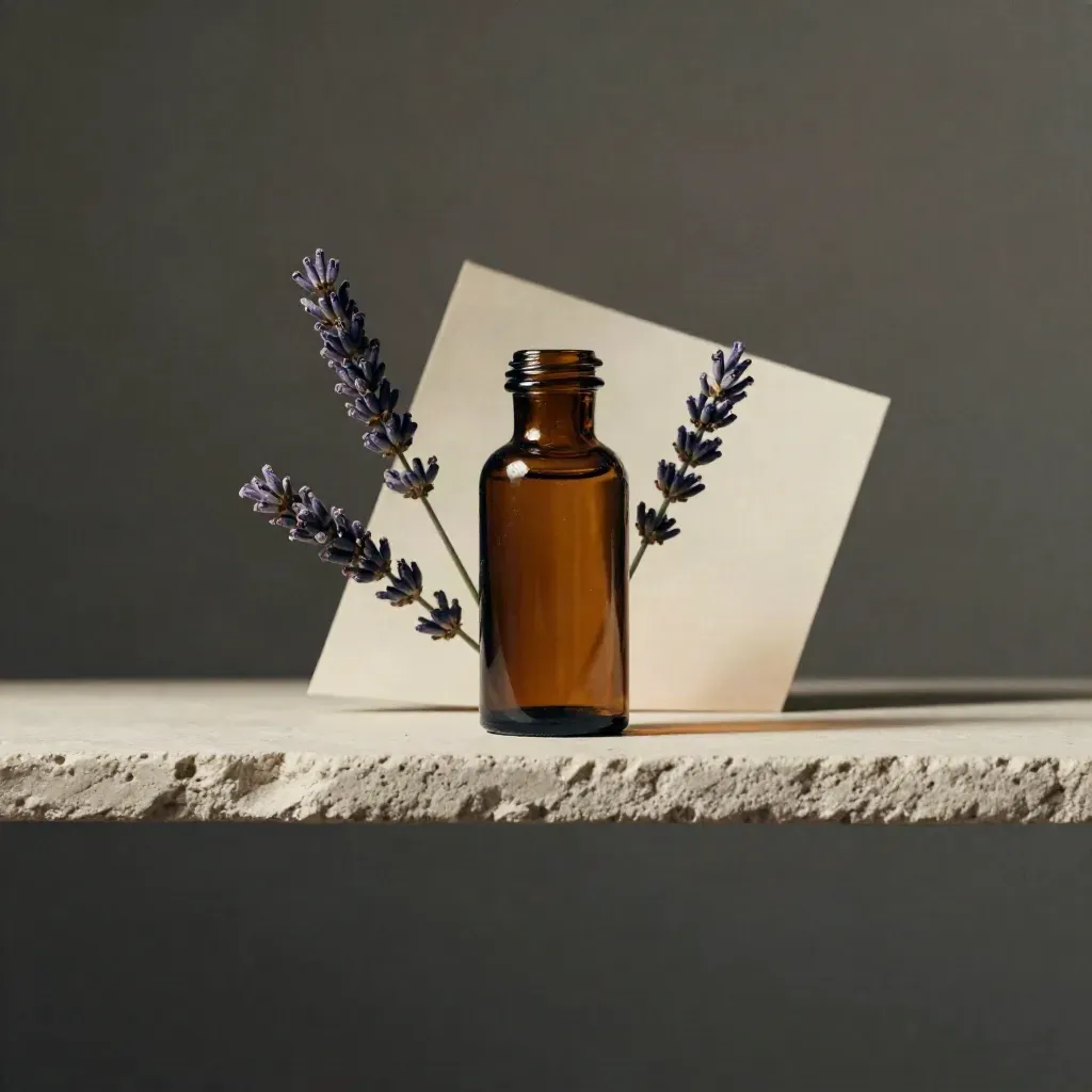 Bottiglia ambrata di olio essenziale alla lavanda con due rametti sospesi su sfondo scuro.
