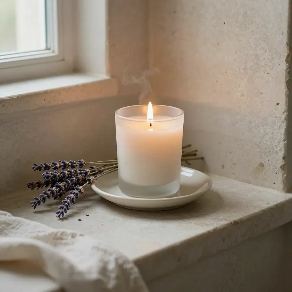Candela alla lavanda in vetro opalino su piattino di ceramica, con steli secchi in nicchia da bagno.