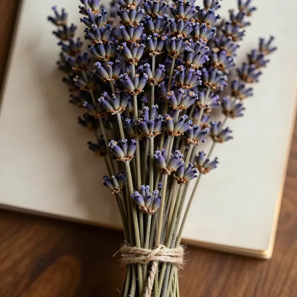 Bouquet di lavanda secca legato con spago, in macro su legno caldo con card sfocata sullo sfondo.