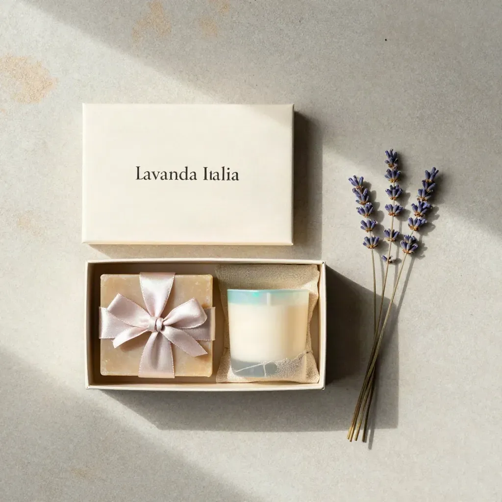 Cofanetto regalo lavanda con scatola rigida, sapone, sacchetto, candela e nastro su pietra chiara.