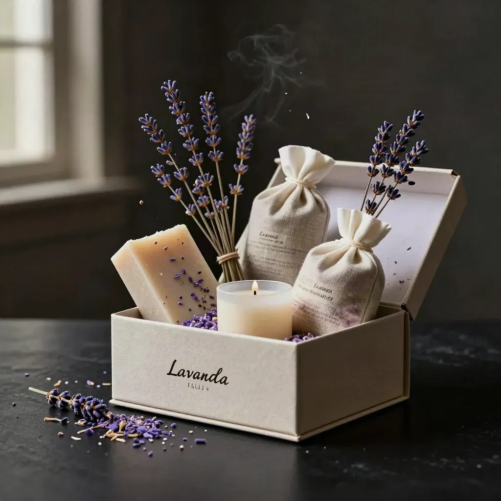 Scatola regalo lavanda aperta con cinque profumi, petali lilla e fiori secchi su fondo scuro.