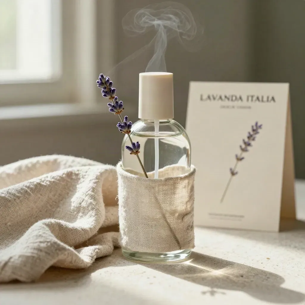 Flacone spray per tessuti con lino e stelo secco su travertino, velo di nebulizzazione lilla.
