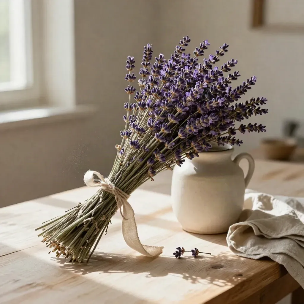 Bouquet di lavanda secca legato con spago e lino su piano chiaro, luce morbida laterale.
