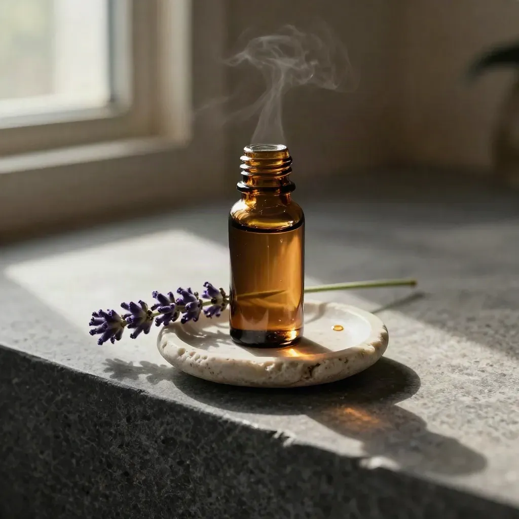 Flacone ambrato di olio di lavanda su piattino in pietra con rametto, luce soffusa.