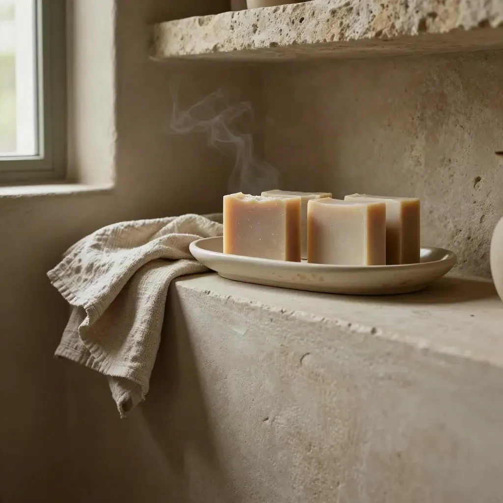 Saponette naturali in nicchia di pietra con vassoio in ceramica e asciugamano piegato.