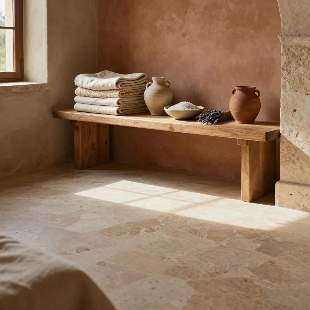 Interno toscano con arco in pietra, banco in legno, lino piegato, ceramica e sale nel sole