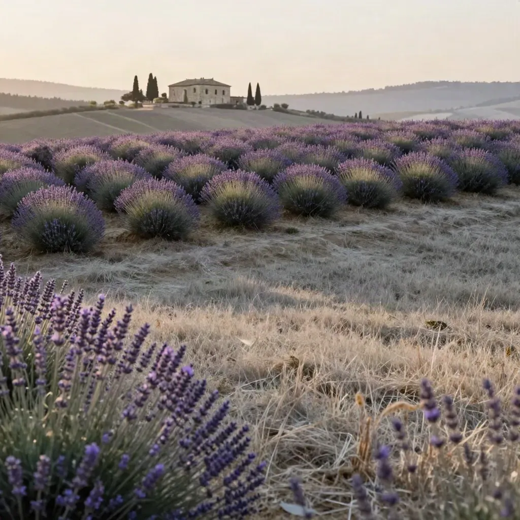 Collina con file di lavanda e villa lontana, luce serale morbida e spazio libero in basso.