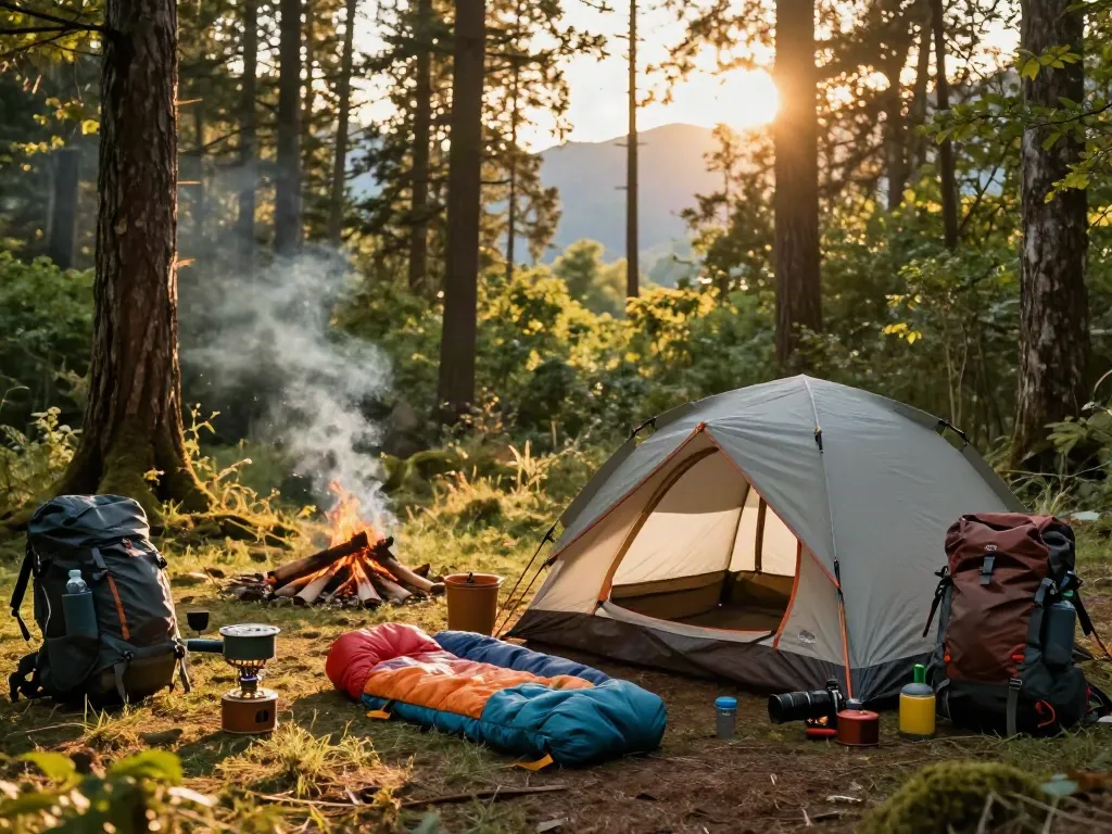 Exciting camping scene featuring rokok88 link gear setup in the forest during golden hour.