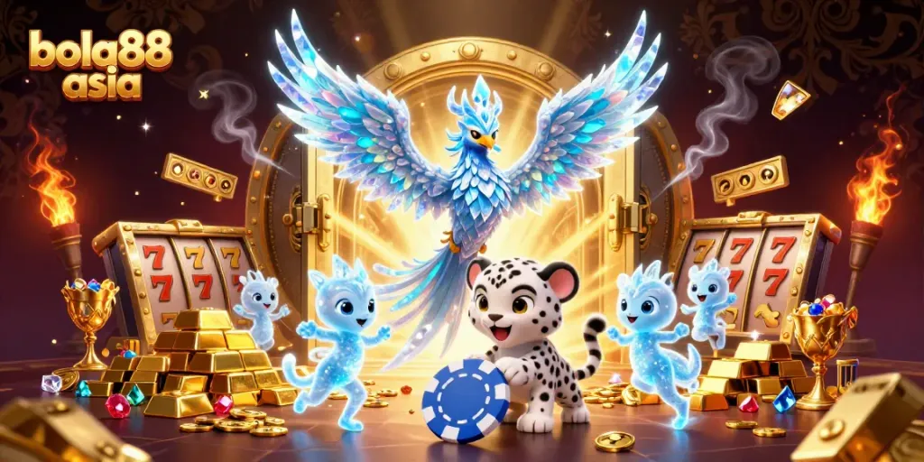 Bola88 asia offers an immersive experience with a vibrant 3D casino illustration showcasing a lucky gaming atmosphere with engaging characters.
