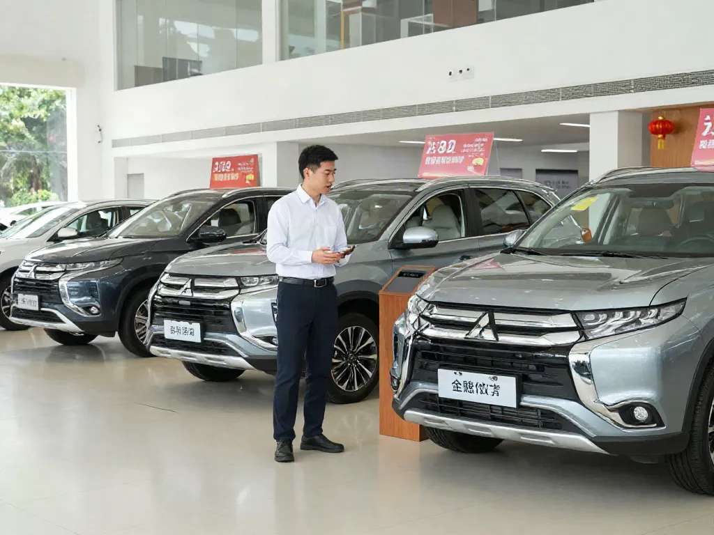 Noleggio lungo termine Mitsubishi con rappresentante di vendite e clienti in un concessionario.