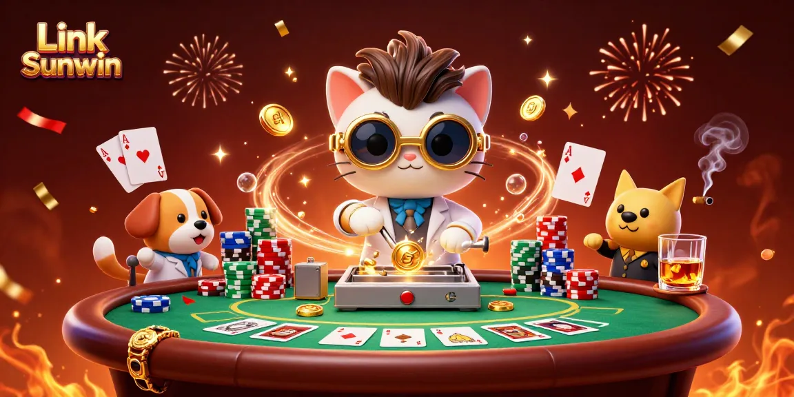 Experience the excitement of Link Sunwin with vibrant casino graphics, gold coins, and a mad scientist cat.