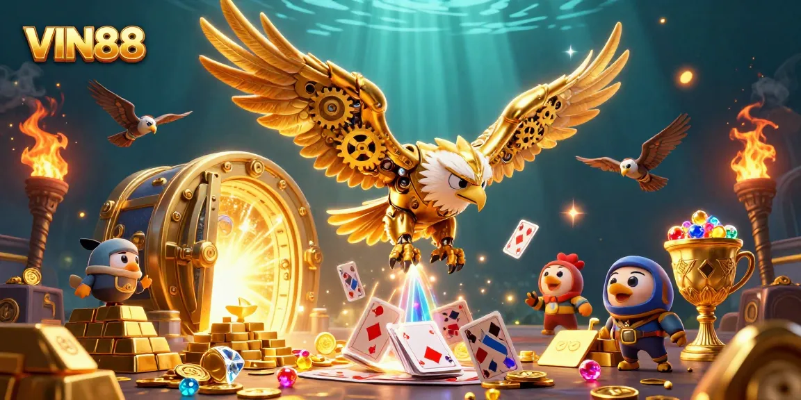 Experience thrilling gameplay at VIN88 with a 3D illustration of an eagle amidst jewels and cards.