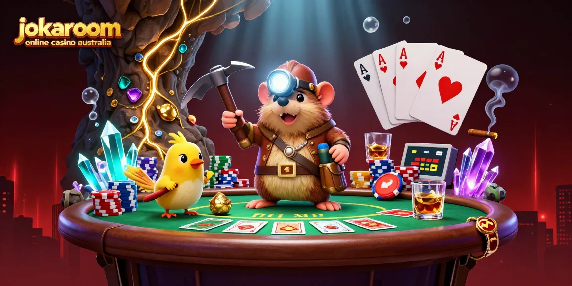 Experience excitement at jokaroom online casino australia with treasure hunter characters among vibrant poker elements.