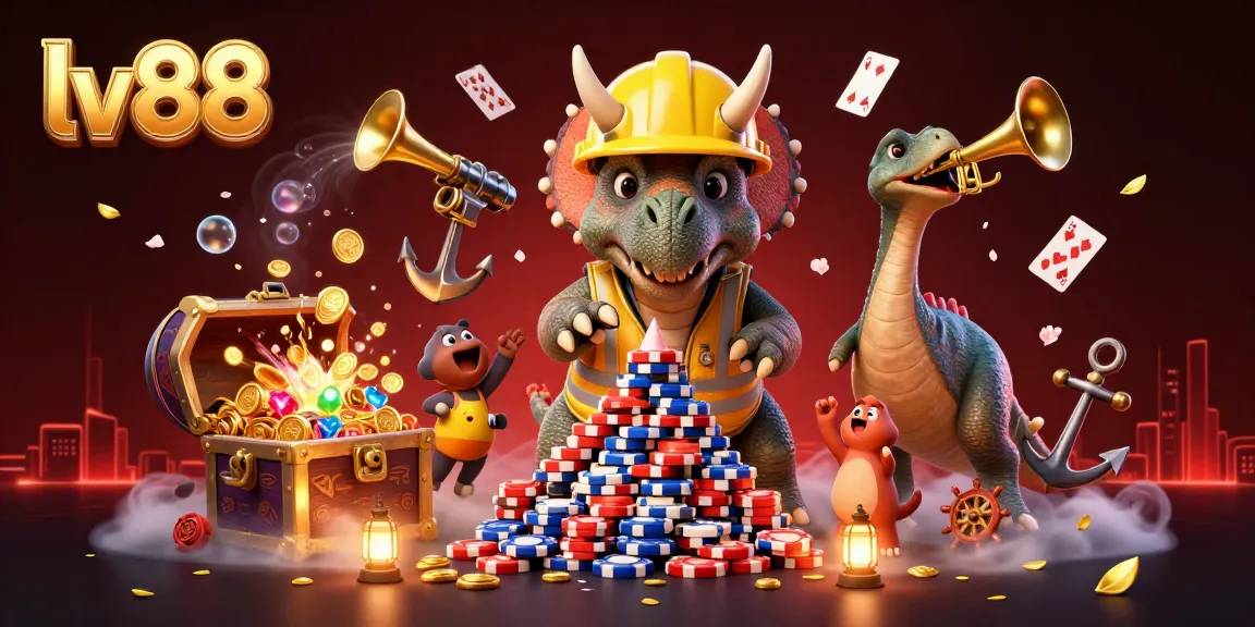 Experience thrill with lv88 as a triceratops builds a poker chip pyramid amidst a lively casino atmosphere.