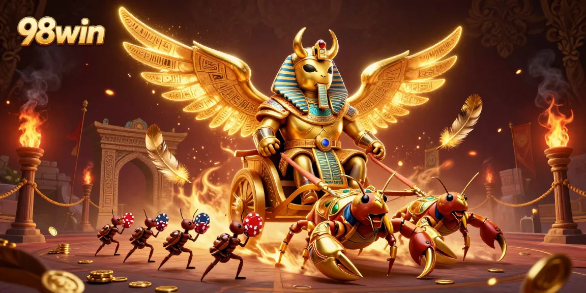 Win big at 98win with a thrilling 3D casino illustration of a golden scarab and gaming elements.