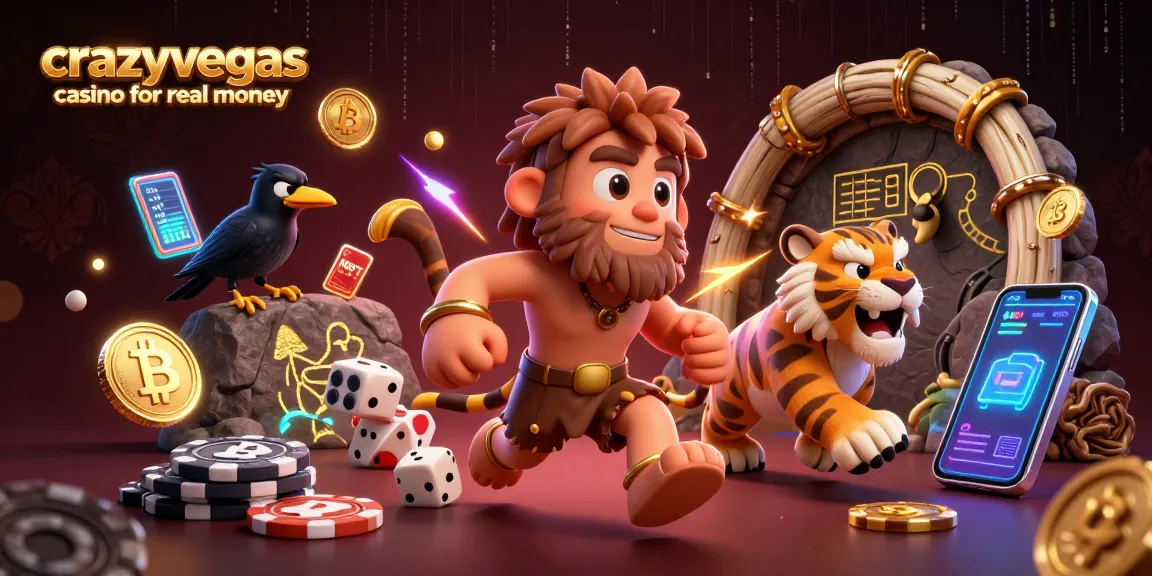 Experience the thrill at crazyvegas casino for real money with caveman and tiger duo in a vibrant casino setting.